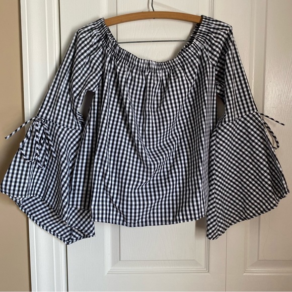 Cropped Black and White Gingham Boho Checkered Bell Sleeve Blouse Y2K M Prairie - Picture 1 of 8
